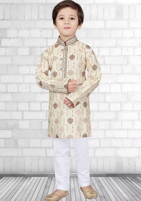 Men's Earthy Geometric Printed Silk Kurta Set