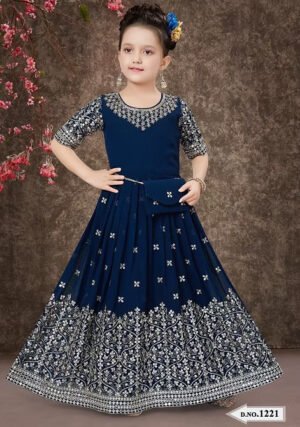 girl2 Girl's Slate Blue Modern Mosaic Kurta Set