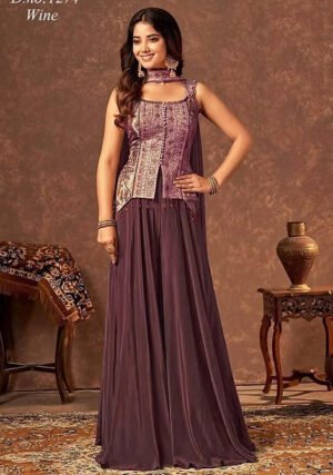 women1 Elegant Wine Embroidered Indo-Western Palazzo Set